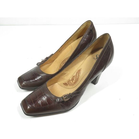 Sofft Leather Croc Square Toed Heels Pumps Brown Women  Size 9 - Picture 3 of 9